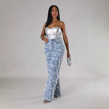 High Waist Edging Ripped Tassel Loose Denim Straight-leg Jeans