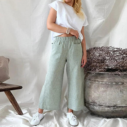 Loose Striped Cotton and Linen Wide-leg Pants