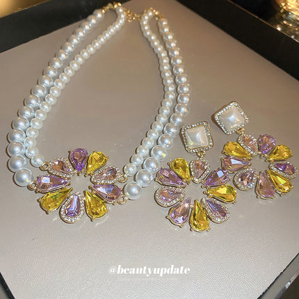 Rhinestone Pearl Flower Necklace & Earrings Combination