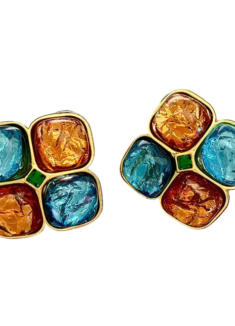 Square Orange & Blue Crystal Earrings