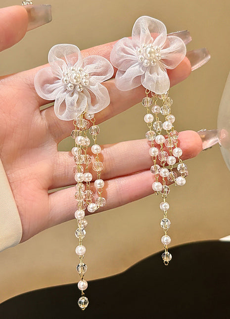 Long Fringed Pearl Flower Stud Earrings