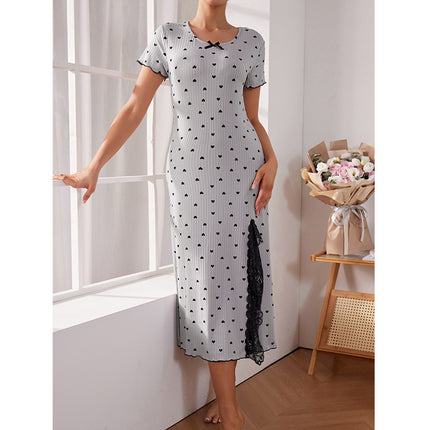 Round Neck Short Sleeve Love Slit Mid-Length Homeware