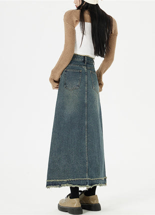 レトロファッション ヒップデニムロングスカート