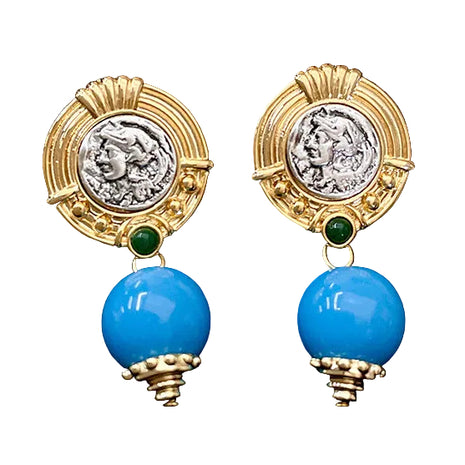 Round Coin Blue Crystal Earrings