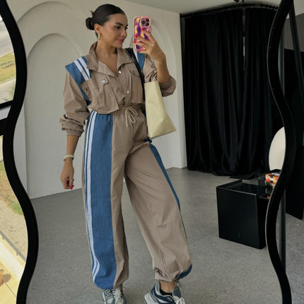 Niche Design Denim Patchwork Stripes Overall Suit Set