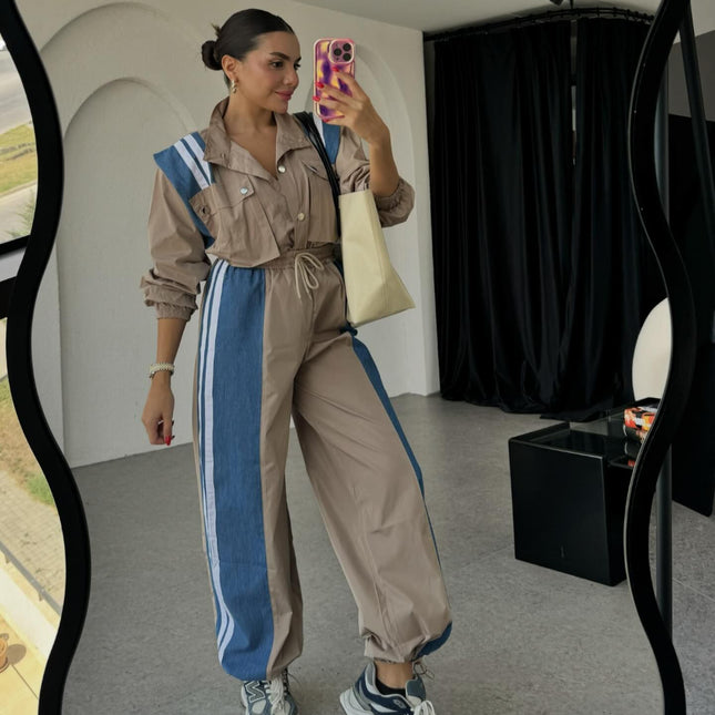 Niche Design Denim Patchwork Stripes Overall Suit Set