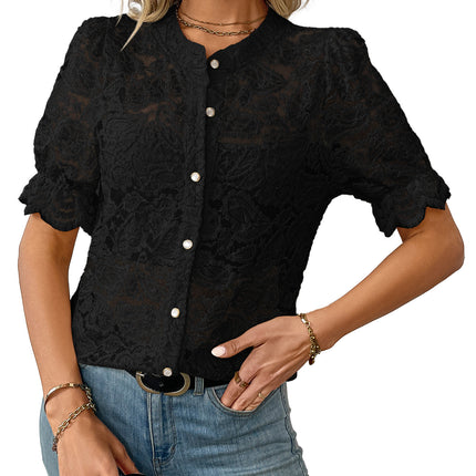 Casual Summer Lace Short Sleeve Button Shirt