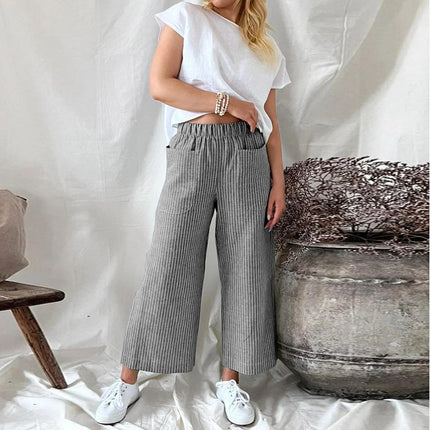 Loose Striped Cotton and Linen Wide-leg Pants