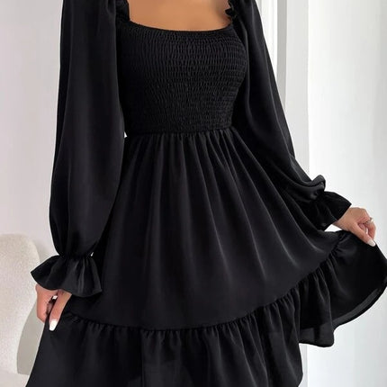 Square Collar Parallel Crepe Sewed Ruffled Hem Dress
