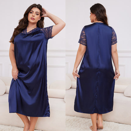 Plus Size Ice Silk Short Sleeve Loose Casual Nightdress