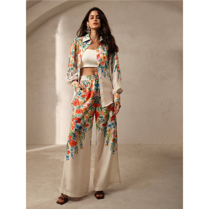 Casual Fashion Floral Print Women Blouse And Pants Suit