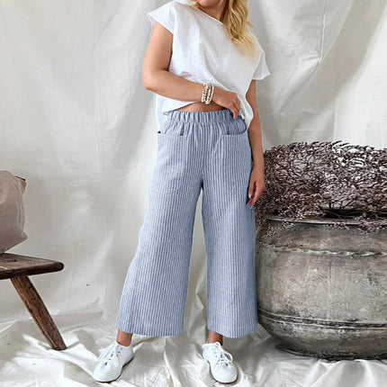 Loose Striped Cotton and Linen Wide-leg Pants