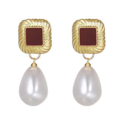 Hong Kong Style Wine Red Pearl Earrings