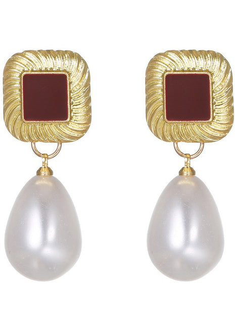 Hong Kong Style Wine Red Pearl Earrings