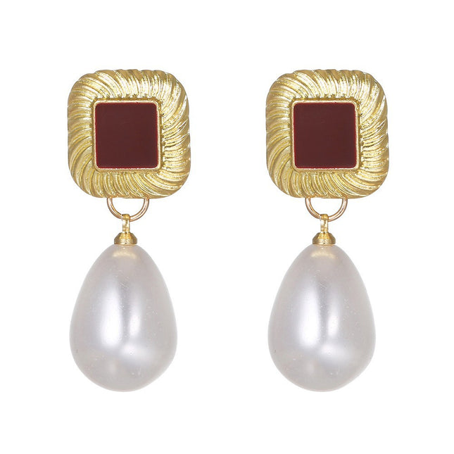 Hong Kong Style Wine Red Pearl Earrings