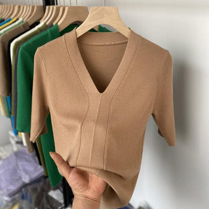 Ice Silk Slim Fit Slim Base Knitwear Short Sleeve