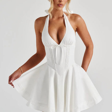 Deep V-neck Sleeveless Halter Bow Cinched Short Dress