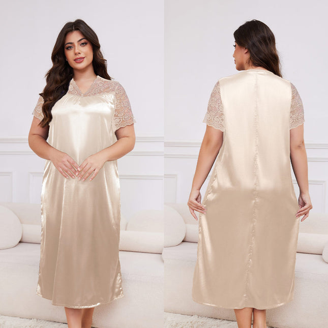 Plus Size Ice Silk Short Sleeve Loose Casual Nightdress