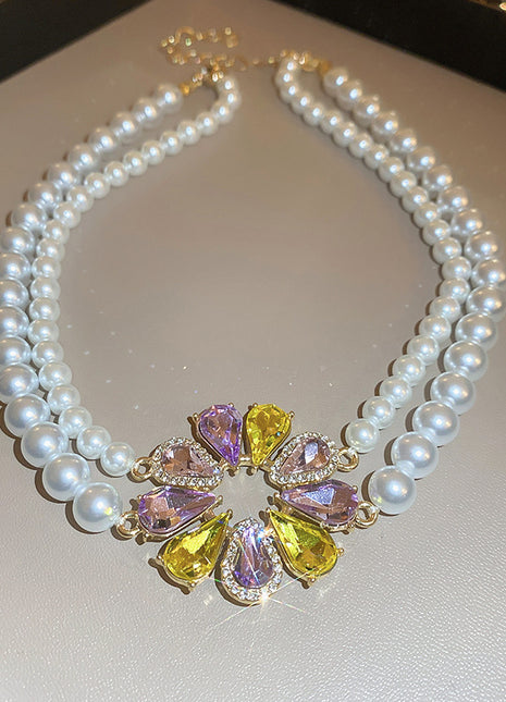 Rhinestone Pearl Flower Necklace & Earrings Combination