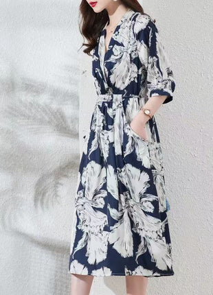 Waist-controlled Lace-up Mid Sleeve V-neck Dress