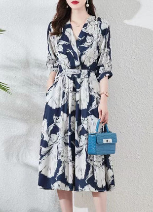 Waist-controlled Lace-up Mid Sleeve V-neck Dress
