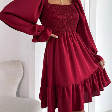 Square Collar Parallel Crepe Sewed Ruffled Hem Dress