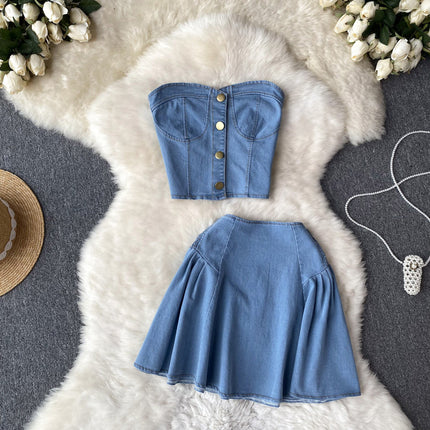 Denim Tube Top High Waist A- Line Skirt Two-piece Set