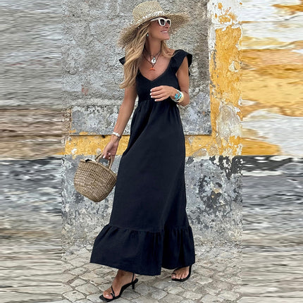 Pleated V-neck Short Sleeve Dress