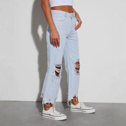 Casual Loose Mid Waist Ripped Cropped Jeans
