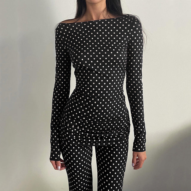 Polka Dot Bootcut Pants Stretch Slim-fit Top Two-piece Set