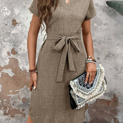 Mid-length V-neck Short Sleeve Bow Belt Dress