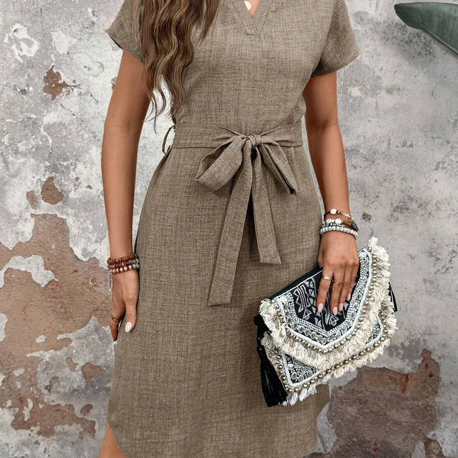 Mid-length V-neck Short Sleeve Bow Belt Dress