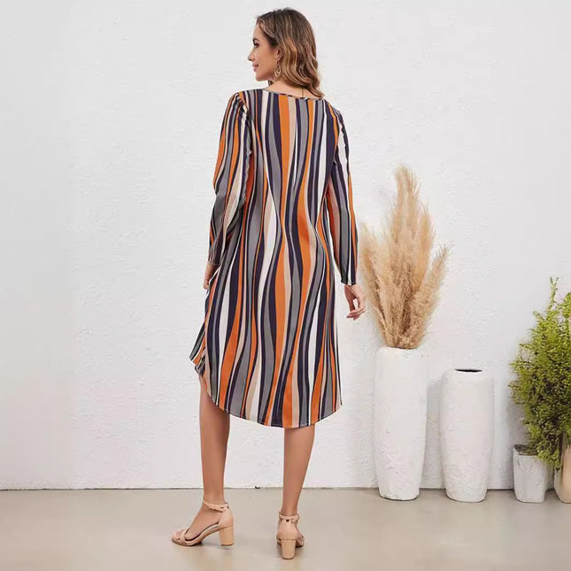 Elegant Striped Style Long Sleeve V-neck Dress