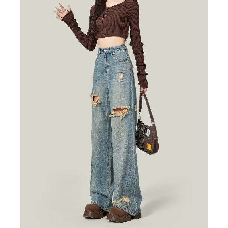 Simple Retro High Street Ripped Jeans