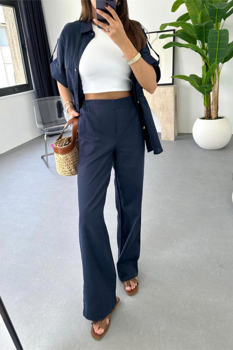 Traje de dos piezas casual de top con cordón, pantalón y pantalón