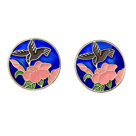 Pink Flower Blue Crystal Earrings