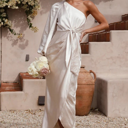 Oblique Shoulder Waist-controlled Lace-up Satin Lantern Sleeve Dress