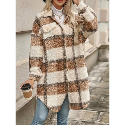 Lapel Colorblock Plaid Sense Padded Coat