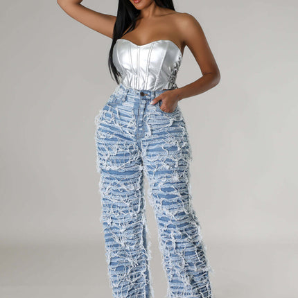 High Waist Edging Ripped Tassel Loose Denim Straight-leg Jeans