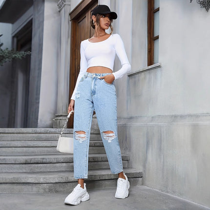 Casual Loose Straight Ripped Denim Jeans