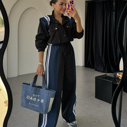 Niche Design Denim Patchwork Stripes Overall Suit Set