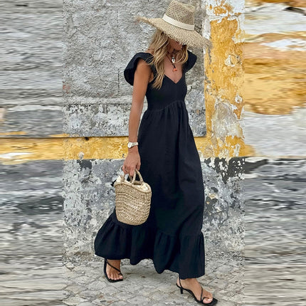 Pleated V-neck Short Sleeve Dress