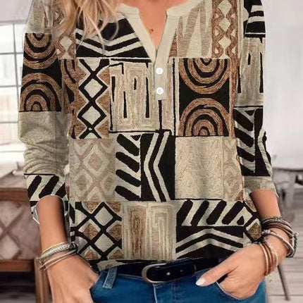 V-neck Pattern Long Sleeve Shirt