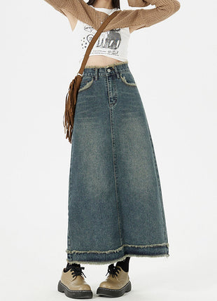 レトロファッション ヒップデニムロングスカート