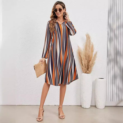 Elegant Striped Style Long Sleeve V-neck Dress