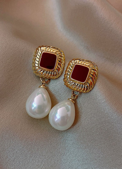 Hong Kong Style Wine Red Pearl Earrings
