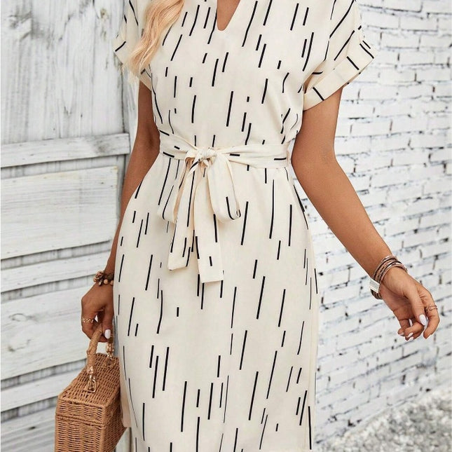 Slotted Neckline Batwing Sleeve Belt Dress
