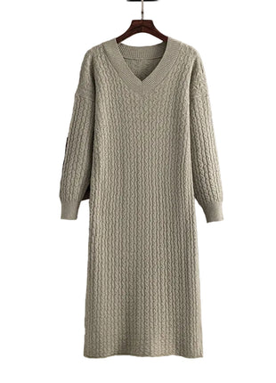 Women's V-neck knitted long sweater dress with back slit

Long straight knitted dress with elegant V-neckline

Women's viscose knit sweater dress in black

Oatmeal V-neck long sweater dress for smart-casual styling

Women's knitted dress in apricot with back slit detail

Purple long sweater dress for elegant everyday outfits

Cameo brown women's knit dress for commute wear