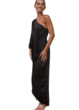 Oblique Shoulder Satin Black Dress | Lace-Up Lantern Sleeve Dress | BLNDL 