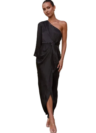 Oblique Shoulder Satin Black Dress | Lace-Up Lantern Sleeve Dress | BLNDL 